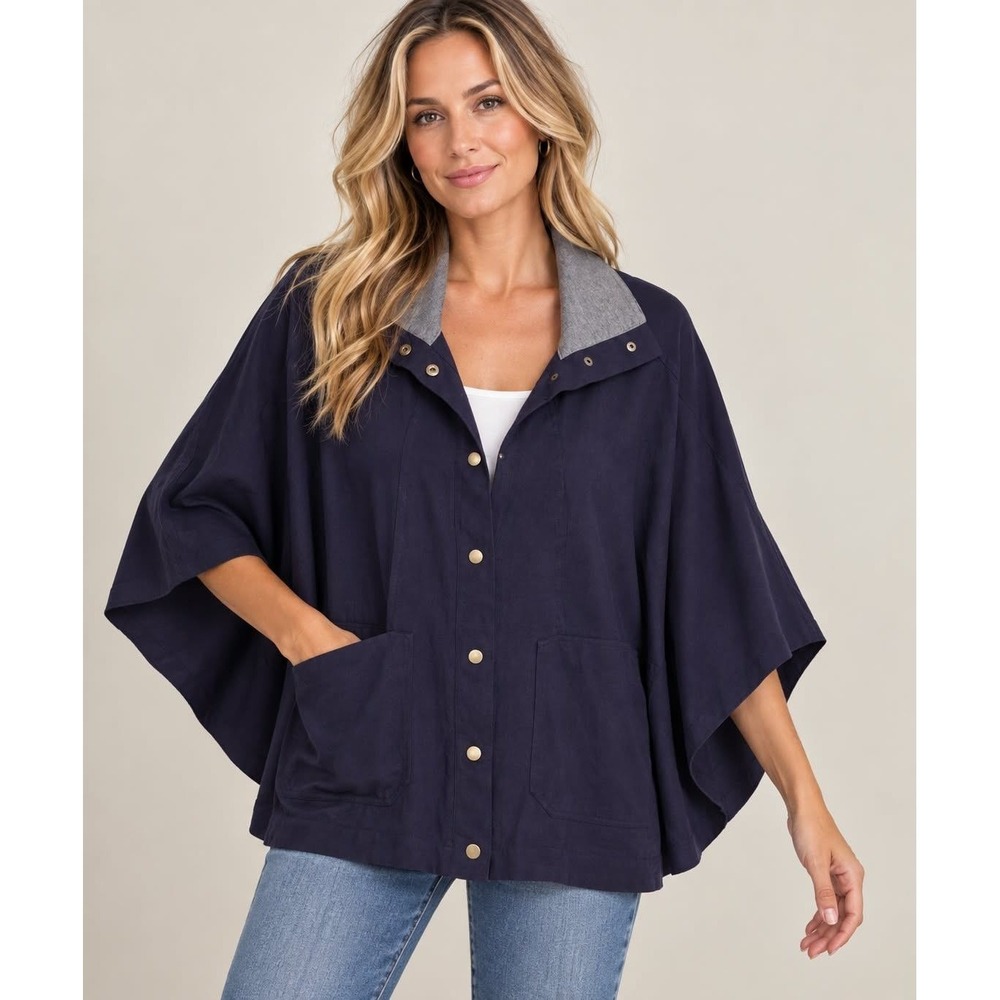 All For Color Cape Jacket Women Small Navy Blue Snap Front Pocket Poncho Coat